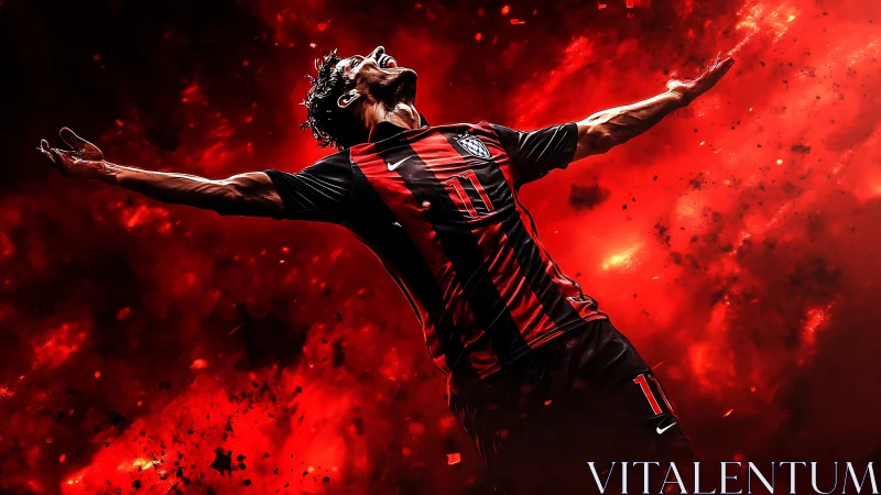 Fiery soccer celebration bursting with electric red energy.