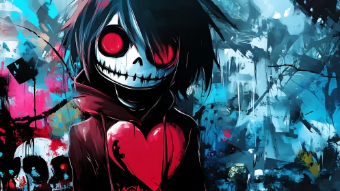 Grinning skull figure with red heart in abstract chaos.