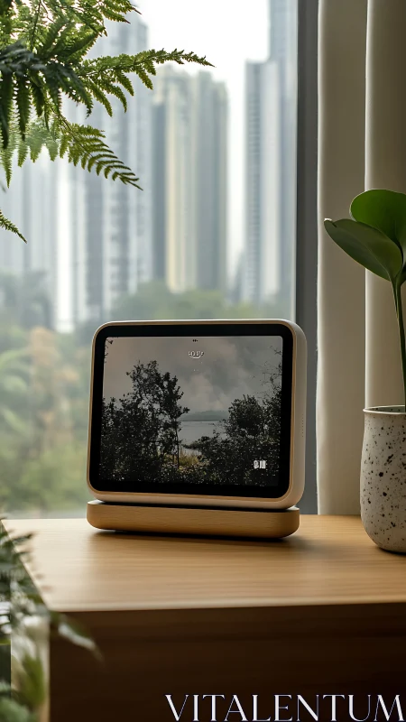 Quiet tablet window rewrites city skyline into calm forest
