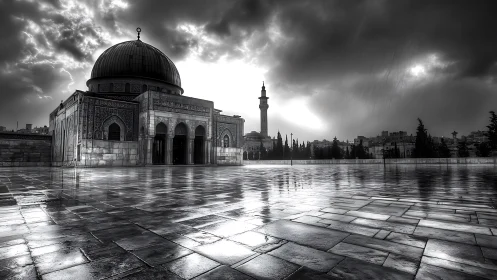 Stormlit mosque courtyard in silvery monochrome reflection poetry.