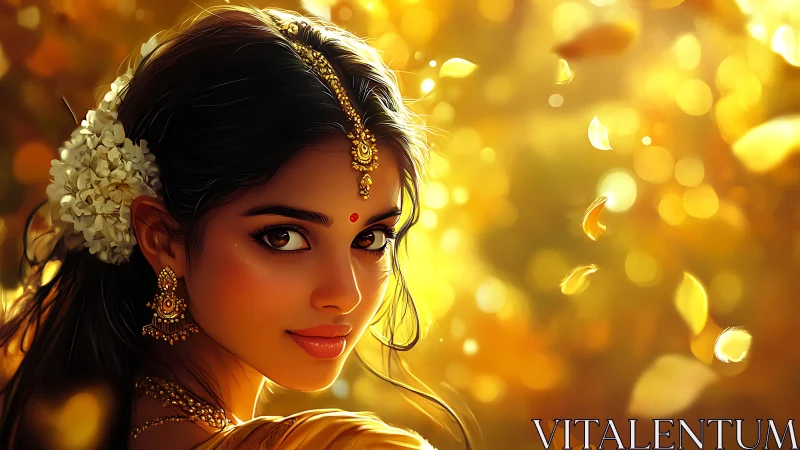 Golden hour portrait of adorned woman amid falling petals.