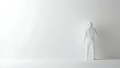 Minimalist white figure in empty high-key studio space.
