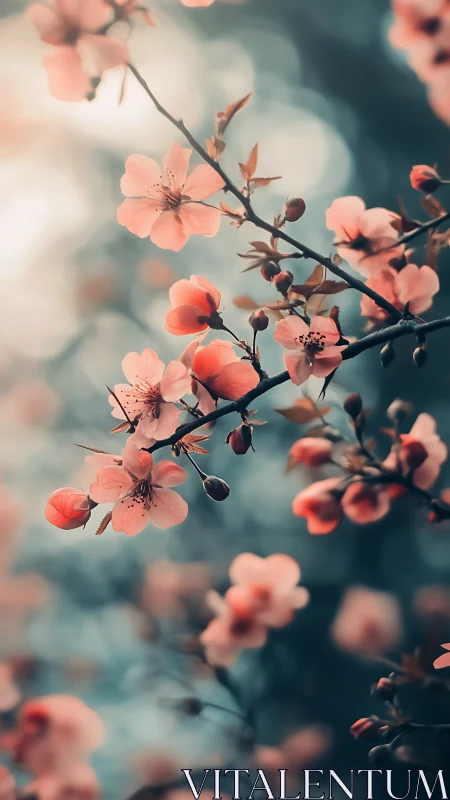 Soft-focus botanical study: delicate coral blossoms on dark branching stem.