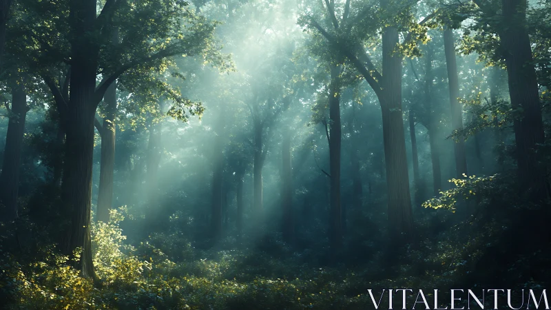 Misty Forest Pathway Through Ancient Trees.