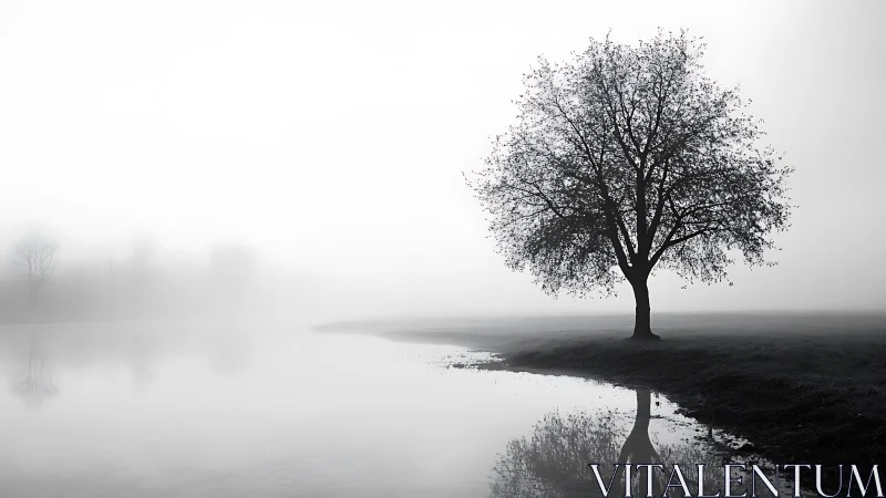 Solitary riverside tree dreaming in soft grayscale mist.