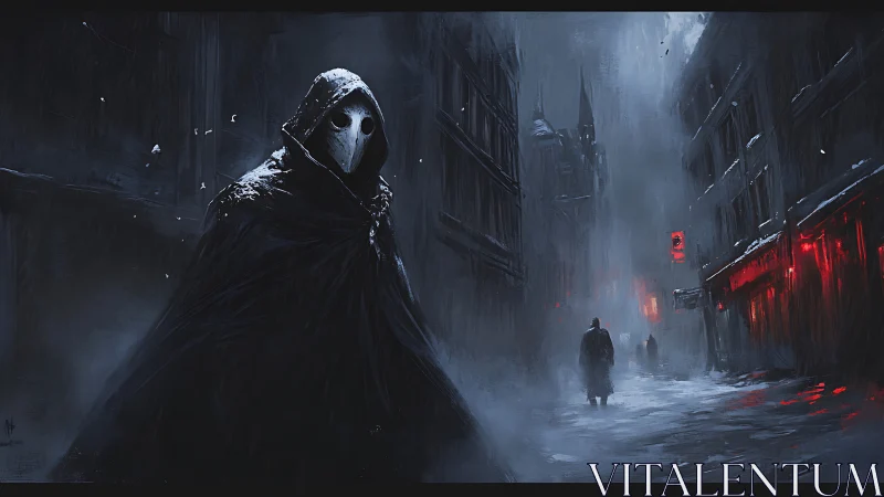 Midnight plague doctor drifts through a neon drowned fog