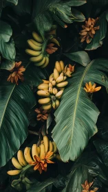 Ripe banana clusters emerge under dense, glossy tropical foliage