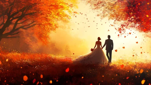 Newlywed couple walks through glowing autumn meadow at dusk