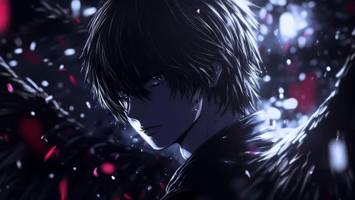 Midnight fallen angel brooding in a storm of scarlet embers.