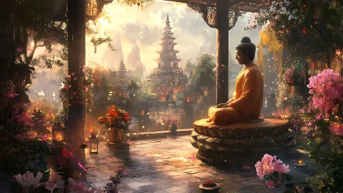 Serene Buddha terrace overlooks luminous pagoda valley at dawn