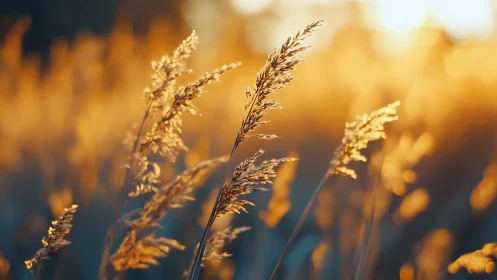 Backlit wild grasses in golden hour shallow-depth focus.