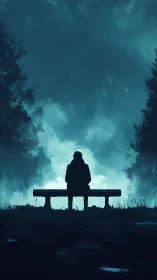 Solitary dreamer on a bench beneath whispering teal sky.