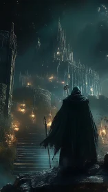 Cloaked sorcerer before towering gothic citadel at night