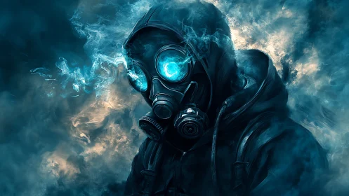 Gas-masked cyber wanderer emerges from bioluminescent fumes