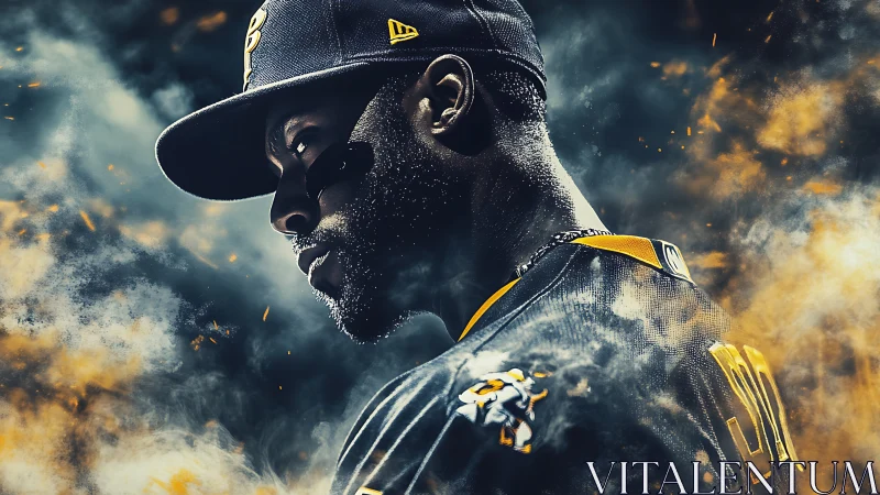 Cinematic baseball portrait with dynamic particle haze field.