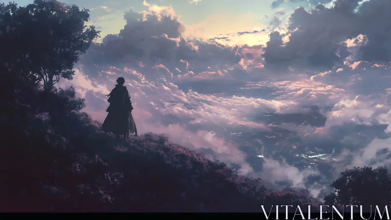 Cloaked dreamer surveying a violet ocean of wandering clouds.