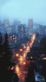 Foggy urban skyline above wet residential street at dusk.