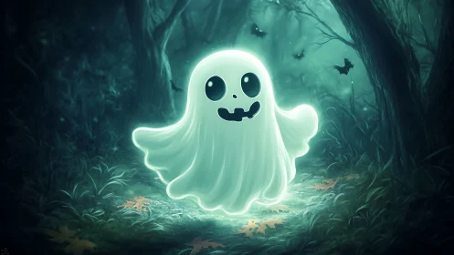 Glowing cute ghost drifts through an enchanting moonlit forest