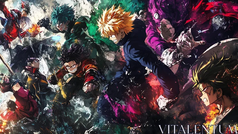 Explosive anime heroes colliding in a storm of shattered color.
