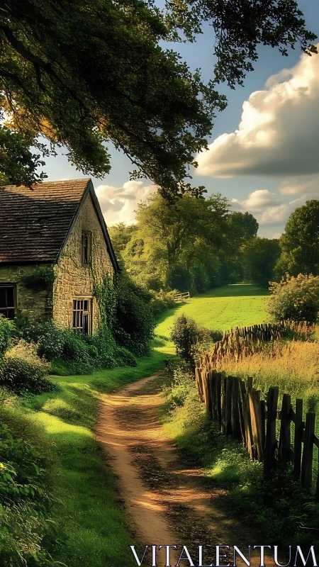 Sunlit country lane beside ivy-covered stone cottage.