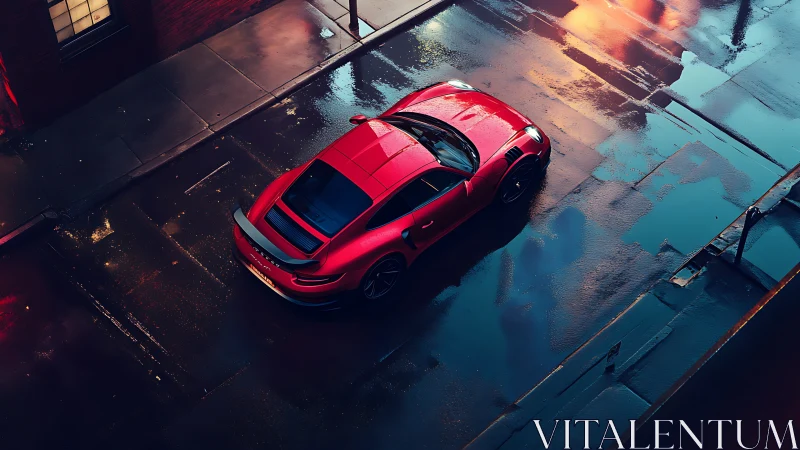 Red sports car sits on wet city street under artificial light