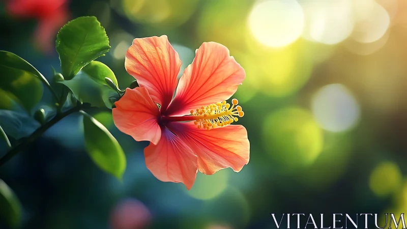 Coral Hibiscus Blooms in Golden Sunlight Glow.