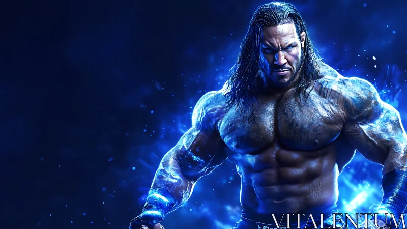 Hyperreal muscular warrior rendered with blue energy lighting effects