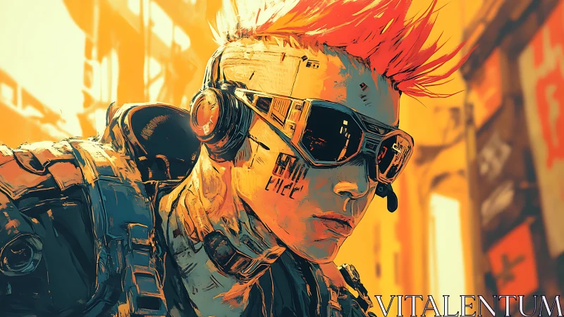 Neon mohawk scout prowls a blazing cyberpunk skyline.