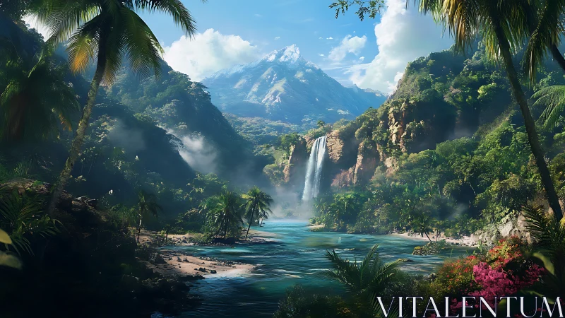 Tropical Waterfall Valley With Mountain Backdrop.