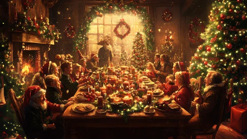 Cozy Christmas feast glowing with family laughter and light.
