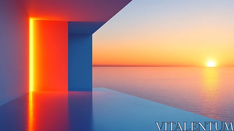 Minimalist ocean room glows against vivid sunset horizon