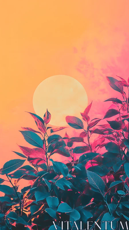 Sun-soaked foliage leans into a neon cotton-candy sunset haze
