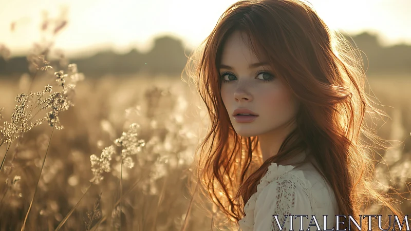 Red haired young woman stands in sunlit grassy field
