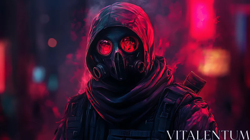 Hooded figure in gas mask amid neon red urban haze.