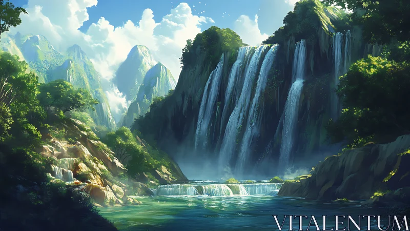 Tiered waterfall in lush mountain valley under daylight.