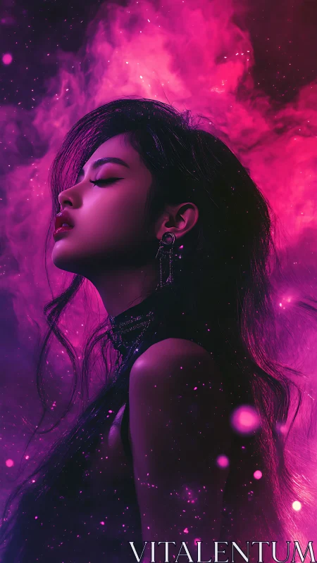 Side profile female portrait in pink and purple nebula field.