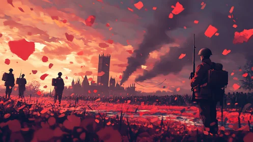 Post-Apocalyptic Battlefield with Silhouetted Soldiers Under Burning Cityscape.