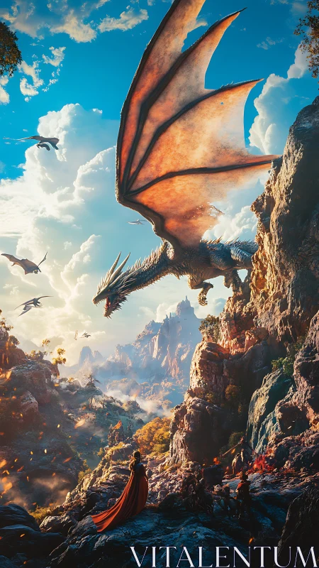 Volcanic cliffside dragon approach with airborne squadron encounter.