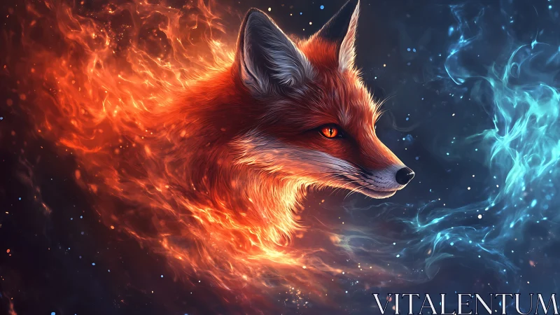Elemental vulpine portrait in dual-toned fiery nebular aura