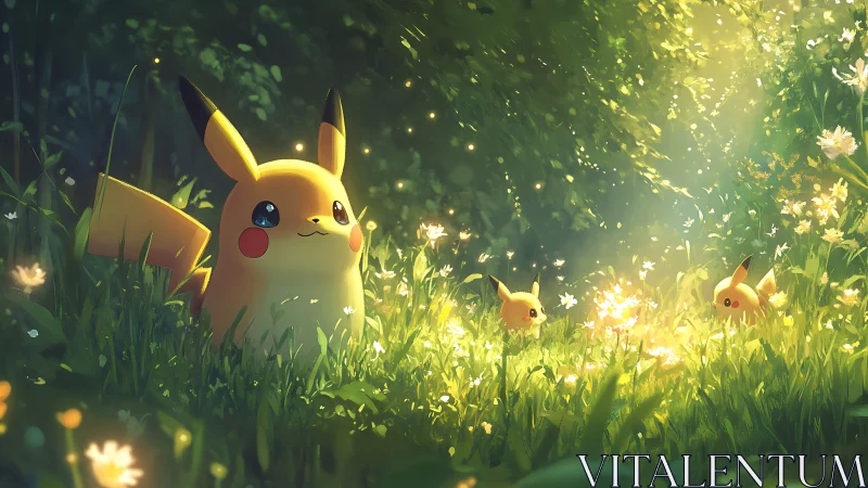 Sunlit forest meadow with playful yellow pals at rest.