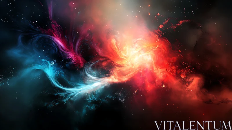 Nebular energy collision rendered in high-contrast cosmic hues