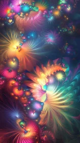 Vibrant multicolored fractal blooms in swirling motion.