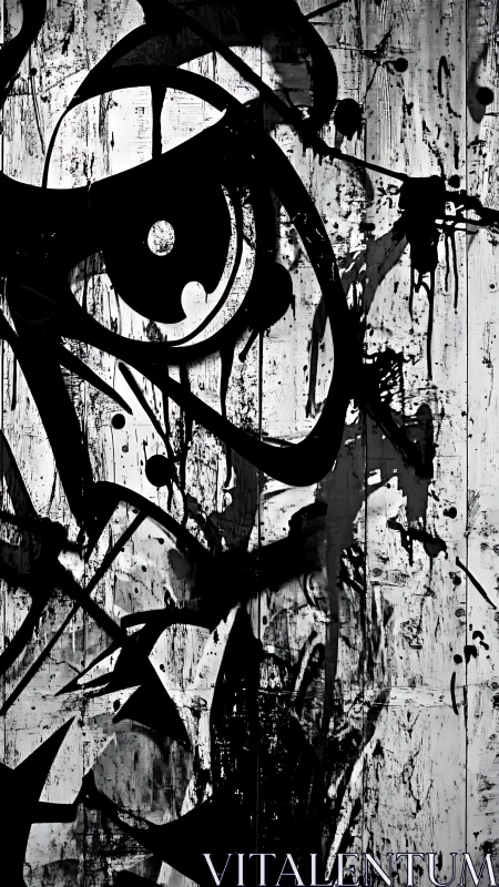 Monochrome abstract graffiti forms overlay weathered panels