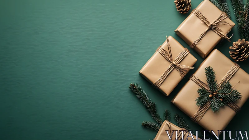 Minimalist holiday gifts arranged on green background surface
