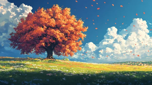 Autumn tree conducts a windy symphony above a painted meadow