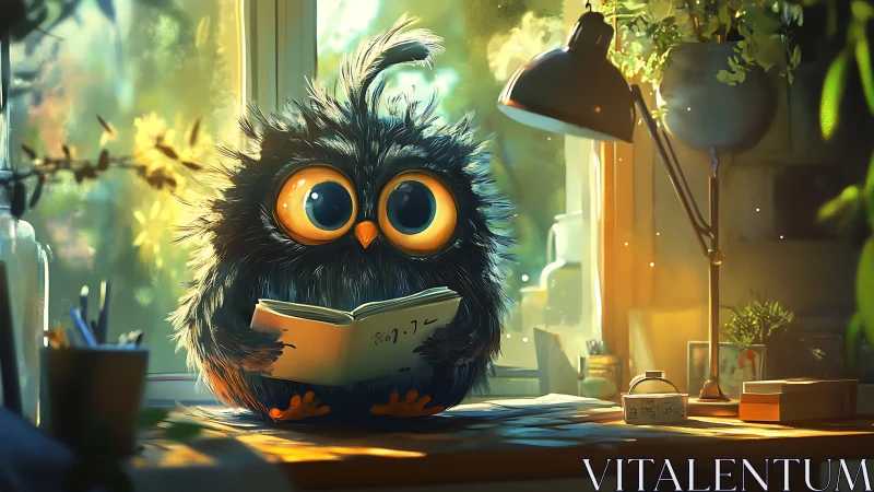 Fluffy big-eyed owl studies math under warm desk lamp lighting