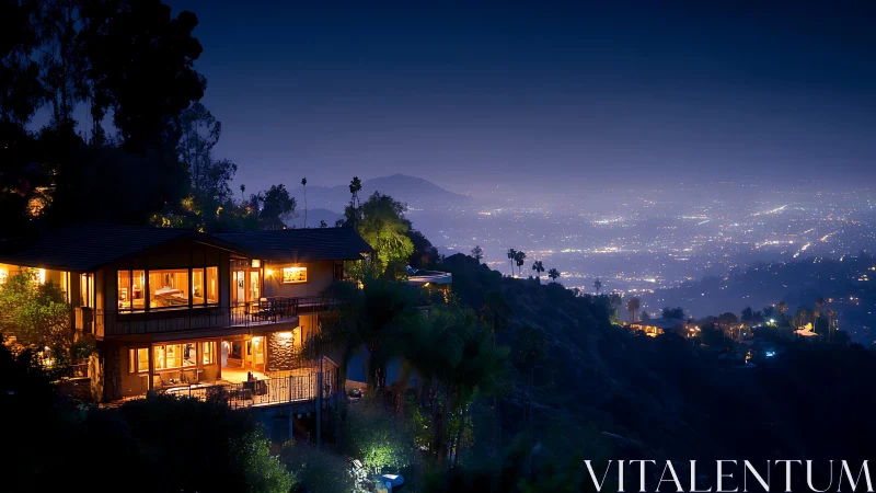 Hillside residence overlooking illuminated urban valley at night.