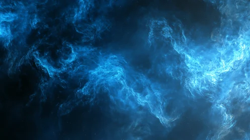 Blue nebulous gas swirls across deep space void