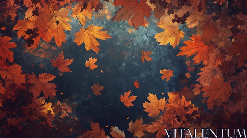 Autumn maple foliage encircles reflective water with painterly depth