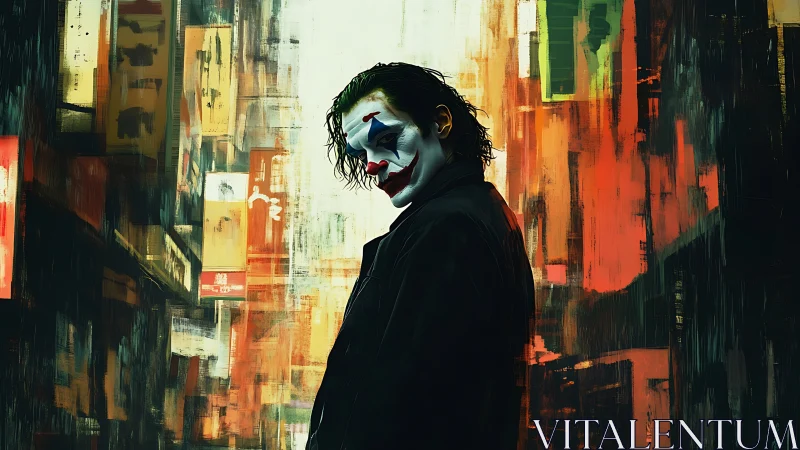 Masked figure in dark coat within abstract cityscape.